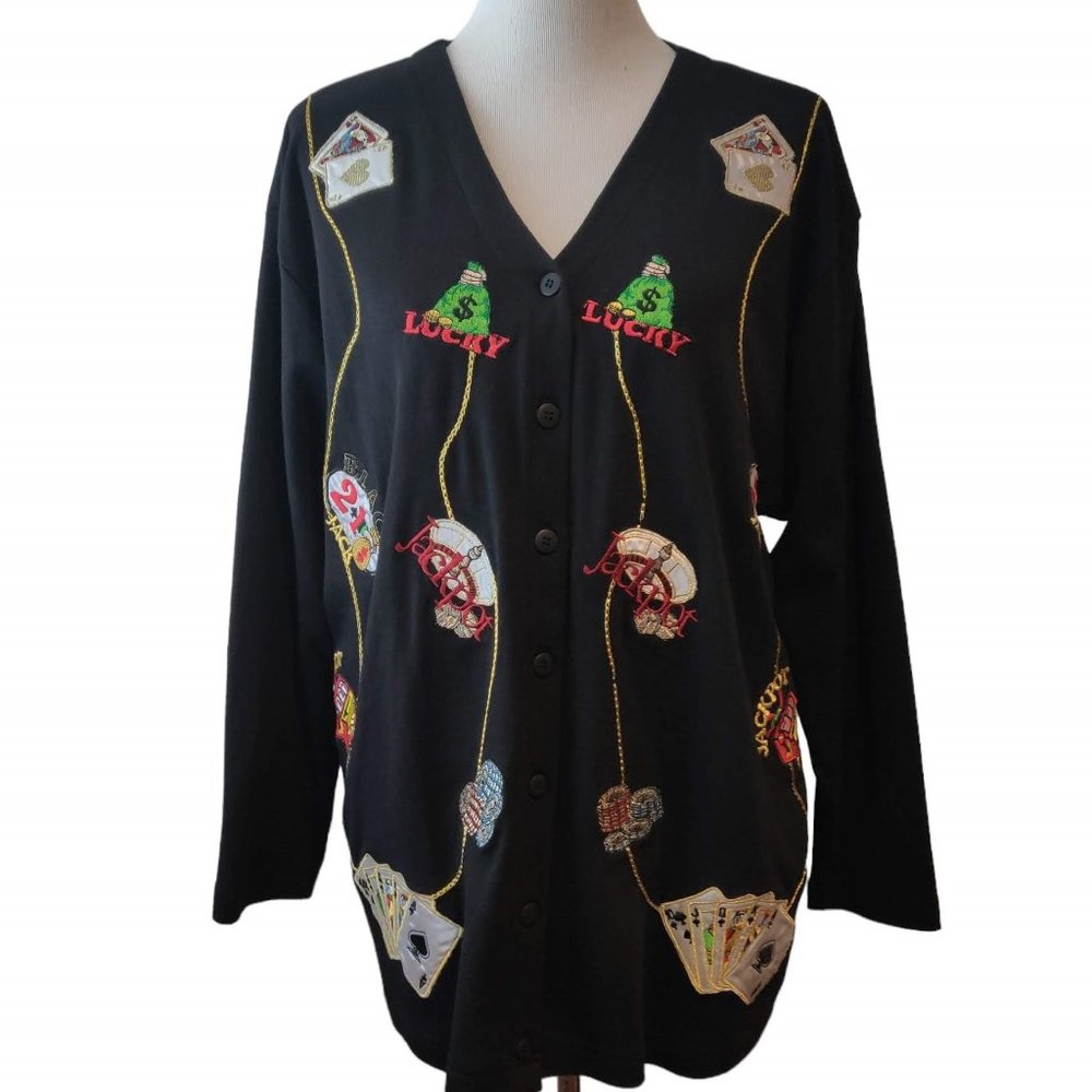 Bobbie C Womens NWT Size 1X Lucky Gambling Jackpot Blackjack Cardigan Sweater